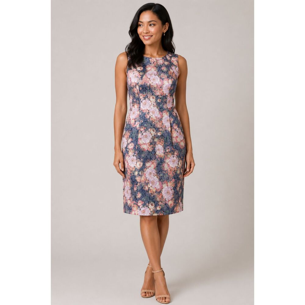 Adrianna Papell Floral Sheath Dress Size 10P Petite Pink Blue Jacquard Midi